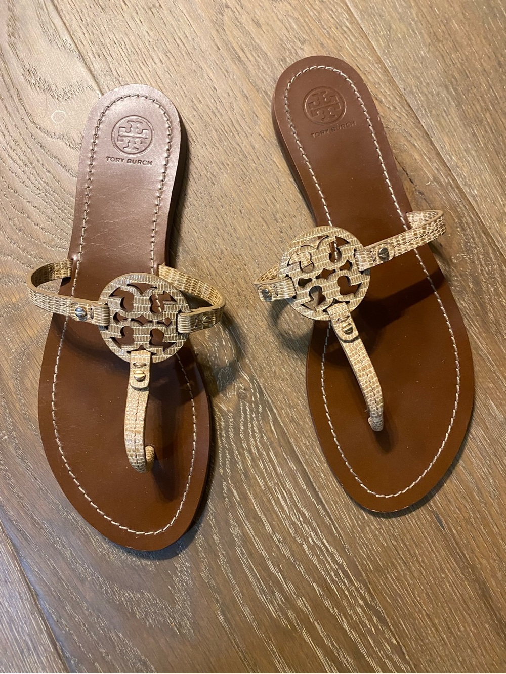 Tory Burch Mini Miller Snake Embossed Leather Tan Logo Sandals Flip Flops 9.5